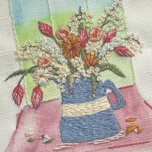 Cornish Blue Jug and spring flowers  : Pre printed Colour Linen Fabric