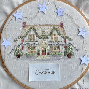 Christmas Cottage, Embroidery Fabric Pre-Printed: Embroidery Linen Panel PLUS Stitch Guide