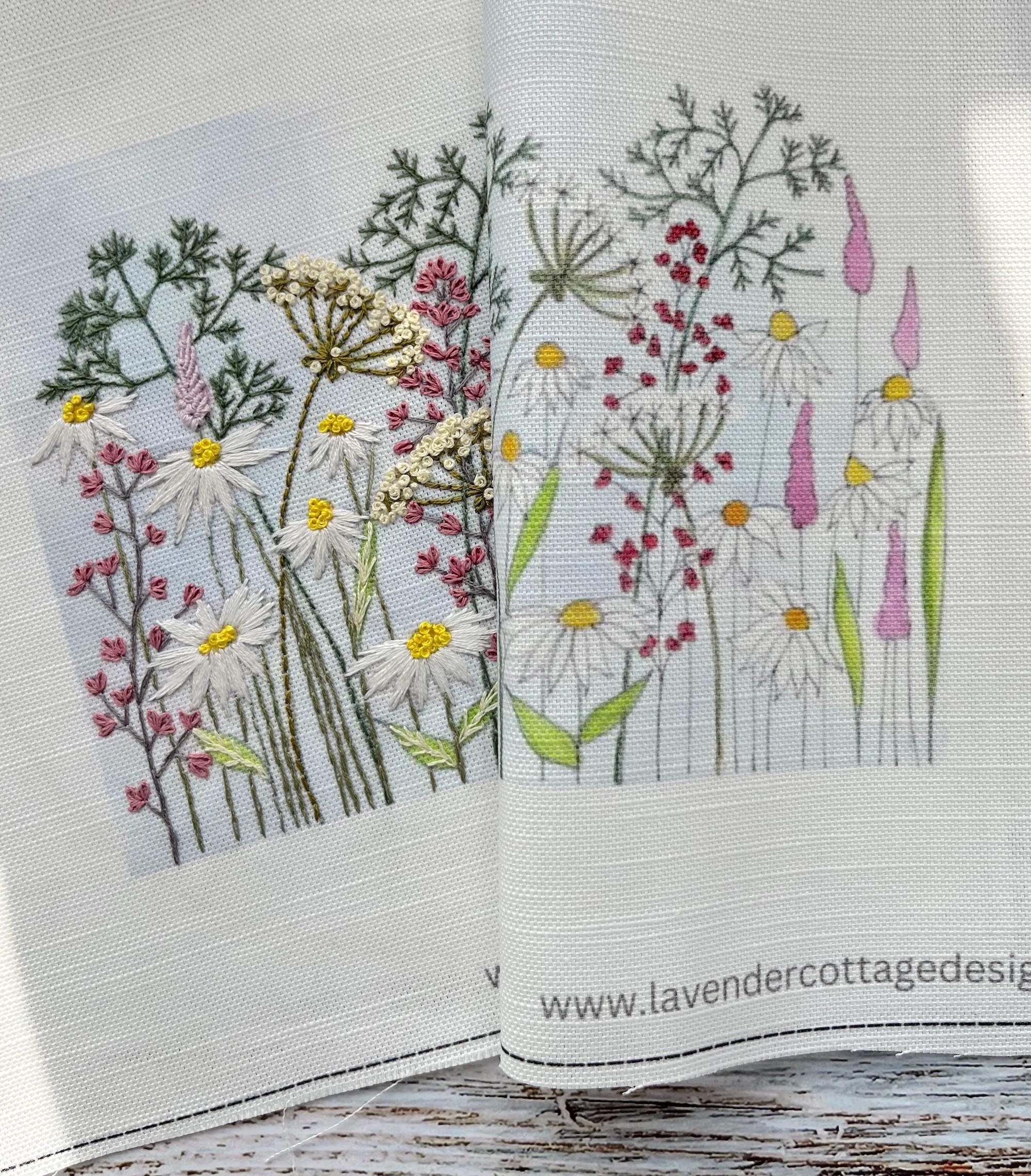 Daisy & Cow Parsley Hand Embroidery Panel: Printed Colour Linen/Cotton Fabric Panel PLUS stitch guide
