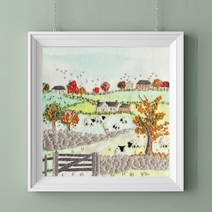 Autumn Yorkshire Dales Hand Embroidery Kit: Linen/Cotton Panel, Threads, Needle