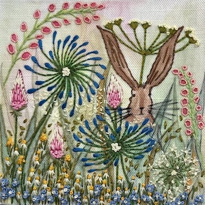 Agapanthus & Hare, Pre-Printed Colour embroidery pattern,  Linen /Cotton Fabric PLUS stitch guide