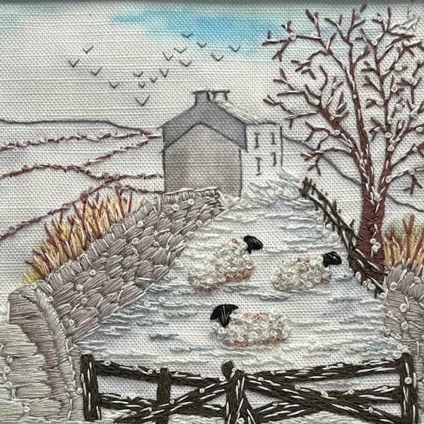 Winter in the Yorkshire Dales, Pre Printed colour Fabric Pattern, Includes stitch guide