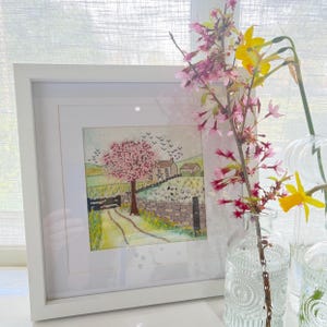 Spring in the Yorkshire Dales Hand Embroidery Full Kit: Pre-Printed Colour Linen Panel Needlework Kit