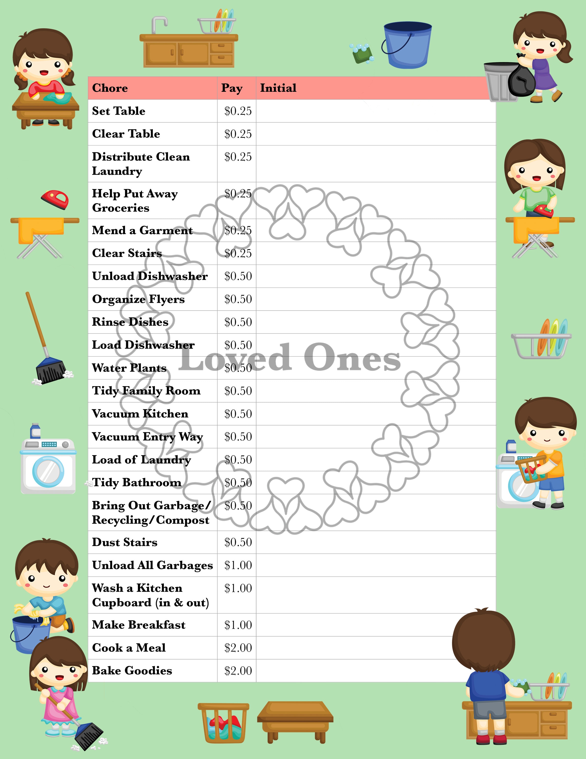 Paid Chore Chart for kids Printable Paid chores Chore Etsy Nederland