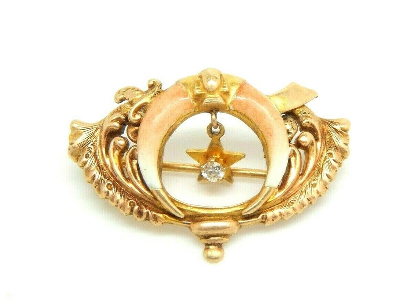 Antique Vintage 14K Gold Egyptian Revival Shriner/'s Masonic Star Diamond Enamel Brooch Pin