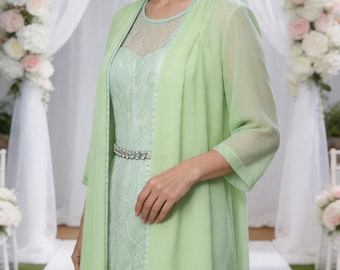 Abito da madre della sposa verde menta chiaro con mantellina in chiffon / Elegante abito da invitata a un matrimonio in pizzo / Abito formale grigio e menta per occasioni speciali