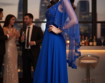 Vestido largo de gasa azul real sexy y capa, vestido de noche para mujer