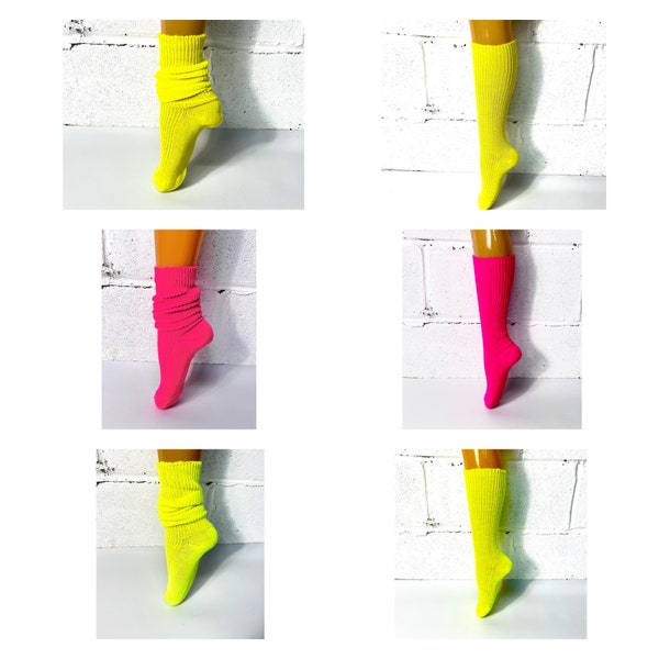 4 pairs of long super slouch socks adults 4-7 hot pink luminous yellow neon lime