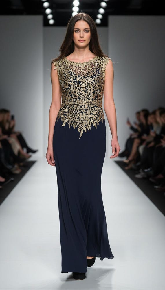 Navy Blue Embroidered Evening Dress: Gold Leaf Pattern, Bodycon Fit - Etsy  Israel