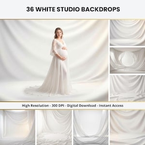 May include: The image showcases a collection of 36 white studio backdrops. A woman in a white dress is standing in front of a white backdrop. The backdrops are made of draped fabric. The text at the top says "36 WHITE STUDIO BACKDROPS".