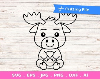 Outline Baby Moose SVG cut files for Cricut and Silhouette - forest animals svg, Woodland Animals Svg, Moose dxf, Moose clipart, Hunting svg