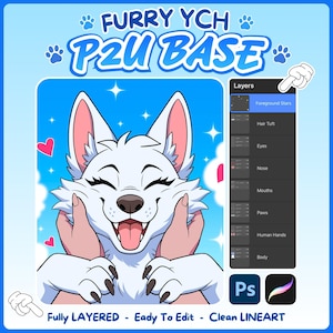 P2U Furry Base PSD, Hunde-Anthro-Fursona-Vorlage, vollständig bearbeitbare Procreate- und Photoshop-Vorlage, OC, YCH, Adopts, Auftragsarbeiten, kommerzielle Nutzung