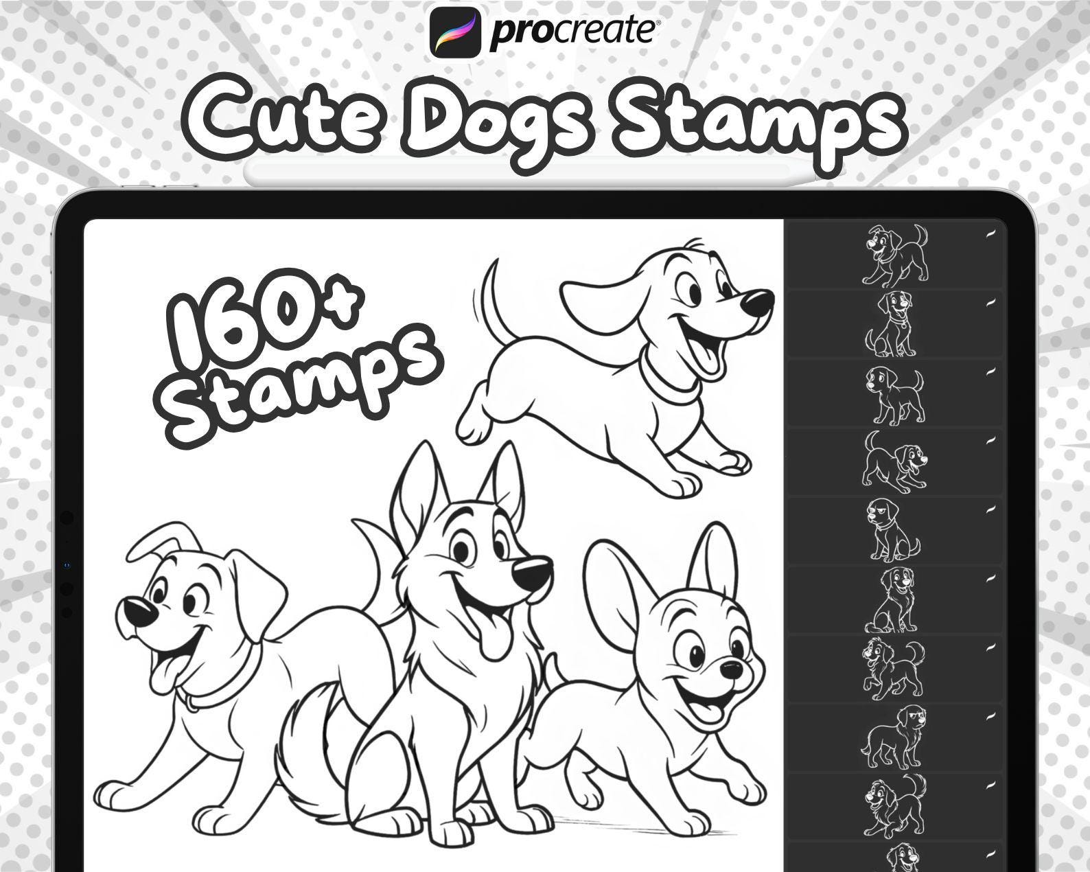 160+ Sellos Procreate de Perros Cartoon – Set de pinceles de sellos de mascotas y animales para iPad