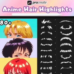 Mais de 70 destaques de cabelo de ANIME, cabelo de pincel Procreate, texturas de cabelo, carimbos de anime Procreate, pacote de pincéis de destaques de cabelo, carimbos de mangá Procreate