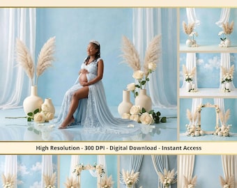 36 Blue Boho Maternity Backdrops, Pregnancy Portrait Backgrounds, Baby Shower Photos, Studio Overlays Set, Newborn Photos, Studio Backdrops