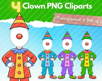 4 Faceless Clown PNG Template, Cute Clown Clipart, nursery decor, PNG Sublimation, Circus Clipart Instant Download, boy birthday decor DIY