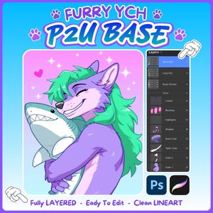 May include: A digital art base featuring a purple anthropomorphic wolf with green hair hugging a shark plushie. The image includes a layer panel interface, the text FURRY YCH P2U BASE, and icons for Photoshop and Procreate on a blue background.