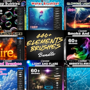 May include: A digital art brush set with 440+ elements and brushes. The set includes brushes for soap bubbles, water, glowing lightning, fire, smoke and fog, clouds, light and flare, and broken glass. The brushes are designed for use in digital art programs.