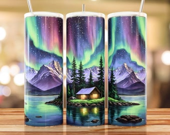 Watercolor Northern Lights 20oz Sublimation Tumbler Designs, 20oz Skinny Tumbler Sublimation Design PNG, Straight & Tapered Tumbler Wrap