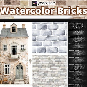 May include: A digital art set titled "Watercolor Bricks" displayed on a tablet. The image features watercolor illustrations of brick textures and a detailed watercolor painting of a stone house. The Procreate logo is visible.