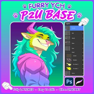 May include: A digital illustration of a furry character with teal hair and pink horns wearing a pink and blue hoodie. The image includes a layer panel interface, the text FURRY YCH P2U BASE, and the text Fully LAYERED - Easy To Edit - Clean LINEART.