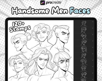 Handsome men Procreate Face Stamps, Procreate cartoon face stamps, Procreate Head Base, Procreate Reference, Procreate cartoon head Guides