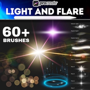 以下が含まれることがあります： デジタルアートアプリのスクリーンショットで、60種類以上の光とフレアのブラシのコレクションが表示されています。ブラシは、星、筋、輝きなど、さまざまな光の効果とともに、黒い背景に表示されています。画面の上部に「LIGHT AND FLARE」というテキストが表示され、画面の中央に「60+ BRUSHES」というテキストが表示されています。