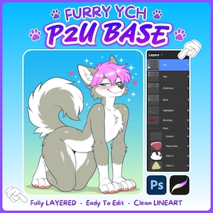 May include: A digital art base featuring a grey and white anthropomorphic wolf character with pink hair, shown in a kneeling pose. The image includes a layer panel interface, Photoshop and Procreate icons, and the text FURRY YCH P2U BASE.
