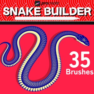 以下が含まれることがあります： 赤い背景に青い黄色いヘビのデジタルイラスト。画像には「SNAKE BUILDER」と「35 Brushes」のテキストが表示されています。