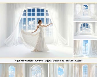 36 Dreamy White Window Digital Backdrops - Curtain Backdrops, High-Resolution Sky View Backgrounds for Portraits and Maternity Photography