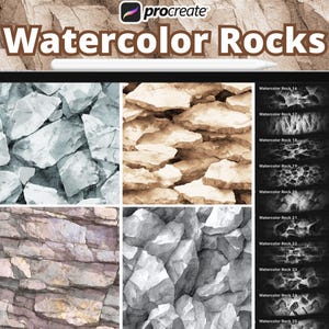 Op de afbeelding: Een digitaal kunstproduct op een tablet, met aquarel rots texturen. De afbeelding toont rotsformaties in grijstinten, bruin en roze. De tekst "Watercolor Rocks" staat bovenaan, met het Procreate-logo.