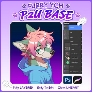May include: A digital art file titled FURRY YCH P2U BASE featuring a green-furred anthropomorphic character with pink hair wearing glasses and a blue hoodie. The image includes a layer panel menu, Photoshop and Procreate icons, and text labels.