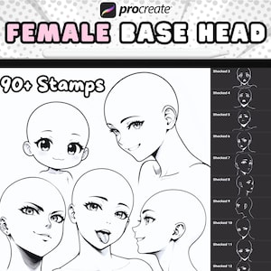 Female Base Head Stamps, Procreate face Brushes, Procreate head Stamps, Procreate women base heads reference, Procreate female emotions