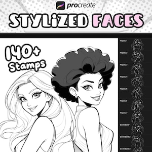 漫画風の女性 Procreate スタンプ、Procreate 顔ブラシ、Procreate ヘッド スタンプ、Procreate 女性ベース ヘッド、Procreate ヘッド ガイド