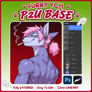 May include: A digital art base featuring a purple anthropomorphic wolf character with pink hair, smoking a cigarette. The image includes a layer panel interface for editing, with text reading FURRY YCH P2U BASE, Fully LAYERED, Easy To Edit, Clean LINEART.
