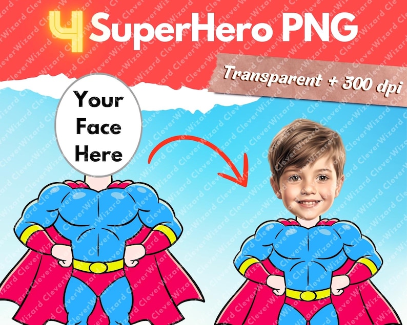 May include: A digital image of a superhero with a blue and yellow costume and a red cape. The image is designed for users to add their own face to the superhero's head. The text "Your Face Here" is written on a white circle in the image.