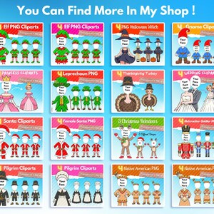 May include: A digital collage of 12 different printable images featuring various characters, including elves, gnomes, princesses, leprechauns, turkeys, and more. Each image has a blank space for a face, making it perfect for creating personalized photo cards or crafts.