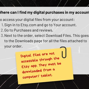 Pode incluir: Um bloco de notas amarelo com um clipe no topo, com o texto "Os arquivos digitais n&atilde;o s&atilde;o acess&iacute;veis atrav&eacute;s do aplicativo Etsy. Eles devem ser baixados de um computador/tablet."