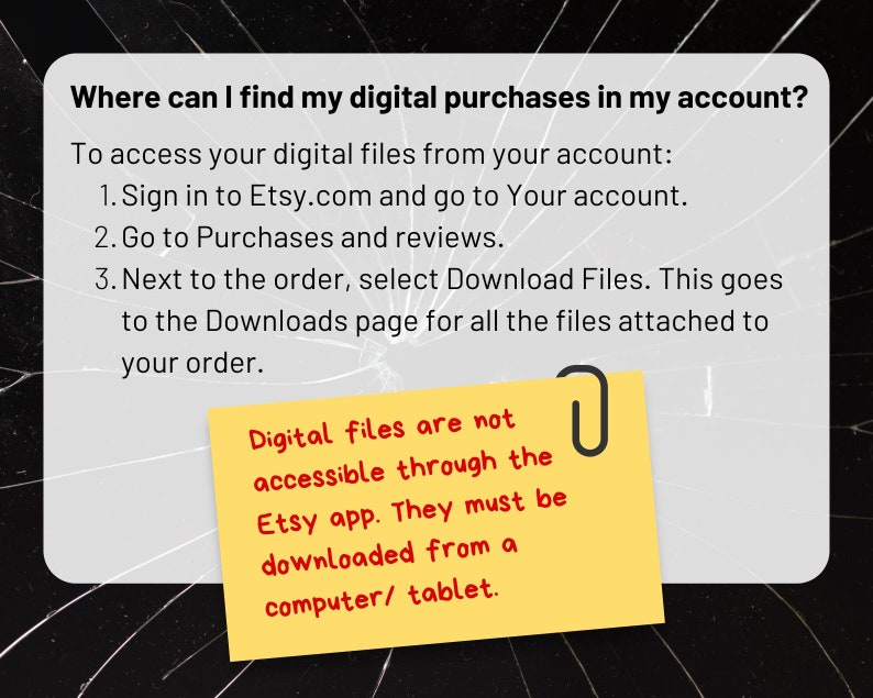 Pode incluir: Um bloco de notas amarelo com um clipe no topo, com o texto "Os arquivos digitais n&atilde;o s&atilde;o acess&iacute;veis atrav&eacute;s do aplicativo Etsy. Eles devem ser baixados de um computador/tablet."