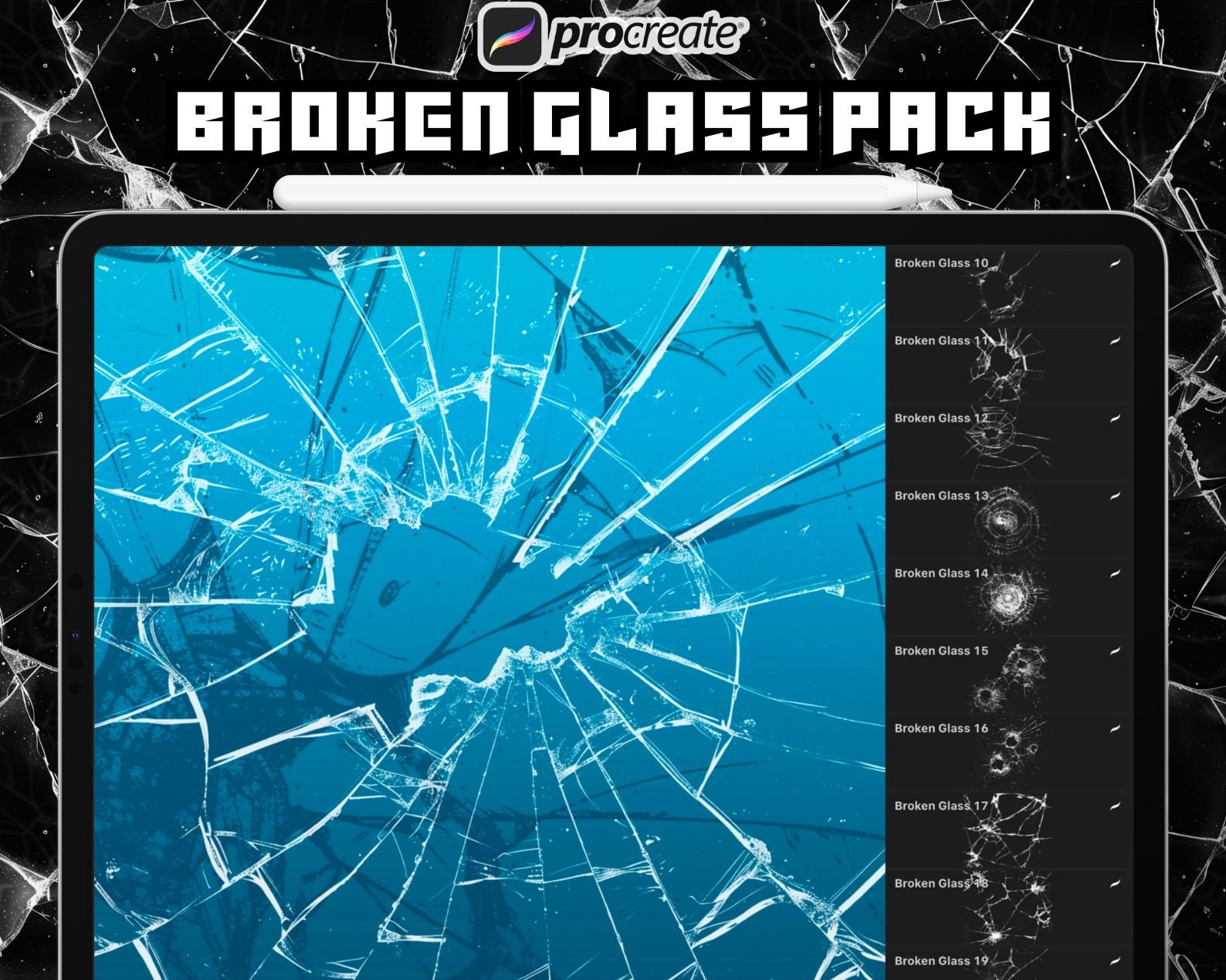 Broken Glass Brushes for Procreate – Shattered, Cracked Glass Stamps & Seamless Textures