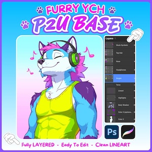 Puede incluir: Una base de arte digital con un personaje antropomórfico azul y morado que lleva auriculares verdes y una camiseta sin mangas amarilla. La imagen incluye una interfaz de capas, iconos de notas musicales y el texto FURRY YCH P2U BASE, Fully LAYERED, Eady To Edit, Clean LINEART.