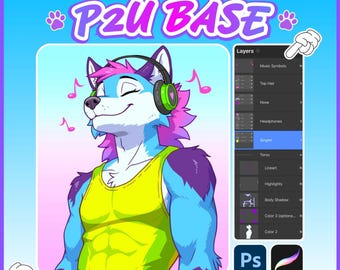 Fursona P2U Base PSD, Headphone Fursona Template, Anthro YCH Template, Procreate & Photoshop, Furry Adopt, ych, oc Base, DIY Fursona Art