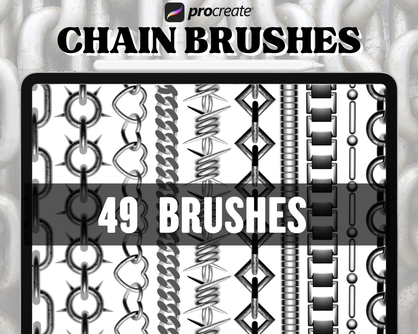 Chain Brush Set for Procreate – 49 Chain and Texture Stamp Brushes (Pressure Sensitive)