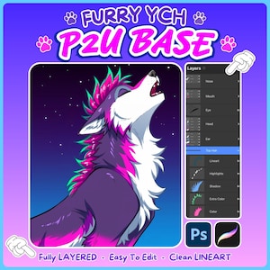 May include: A digital art base featuring a stylized wolf character with purple, white, and bright pink fur, howling against a dark starry background. The image includes a layer panel interface, Photoshop and Procreate icons, and the text FURRY YCH P2U BASE.