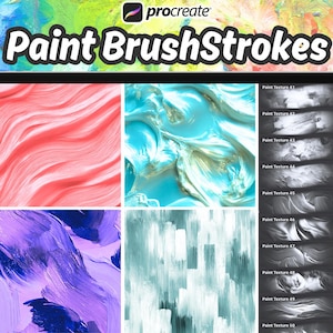 Op de afbeelding: Een digitale tablet toont kleurrijke verftexturen en de woorden "Paint BrushStrokes". Het scherm toont verschillende penseelstijl in rood, teal, paars en lichtblauw. Een zijbalk geeft opties voor verftextuur.