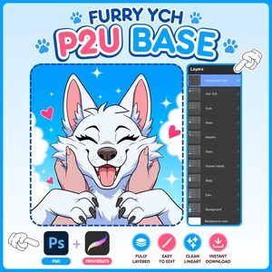 P2U Furry Base PSD, Canine Anthro Fursona Template, Fully Layered Procreate & Photoshop Base, OC, YCH, Adopts, Commissions, Commercial Use
