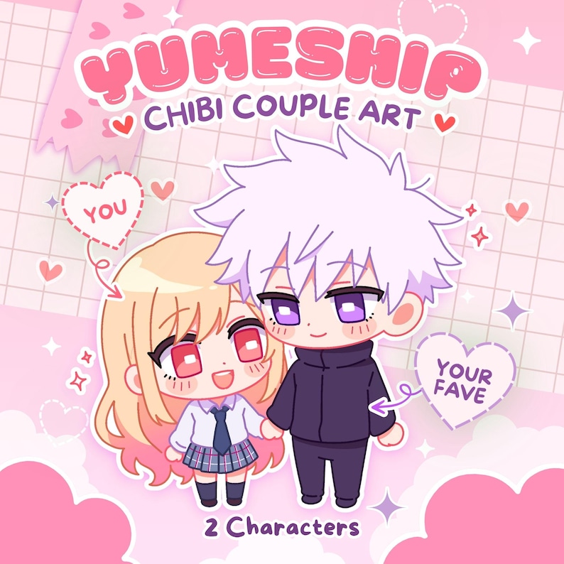 May include: Digital illustration of two chibi characters holding hands against a pink grid background. The text reads YUMESHIP CHIBI COUPLE ART, 2 Characters, YOU, and YOUR FAVE. One character has blonde hair and a plaid skirt, the other has white hair.