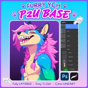 May include: A digital art base featuring a blue and teal anthropomorphic wolf character with bright pink hair in braids. The image includes a layer panel display, the text FURRY YCH P2U BASE, and icons for Photoshop and a digital brush tool.
