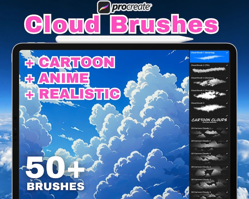 50 Procreate Clouds Brushes and Textures, Seamless Cloud Brushes Set for Procreate, Procreate Clouds Textures, Lettering Clouds Pack image 1