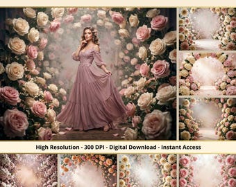 36 Luxury Floral Backdrops, Flower Arch Portrait Backgrounds, Wedding & Maternity Photography, Photoshop Overlays, Photo Edit Rose Backdrops